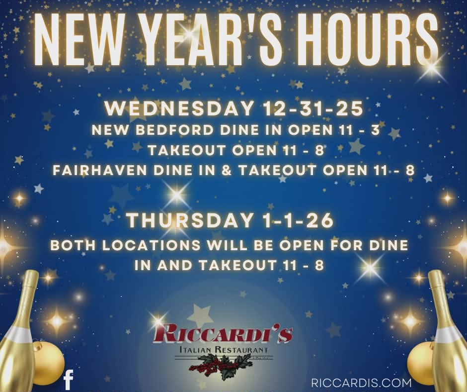 New Years hours; dine in and take out 11 am to 8 pm on 1/1/2026.